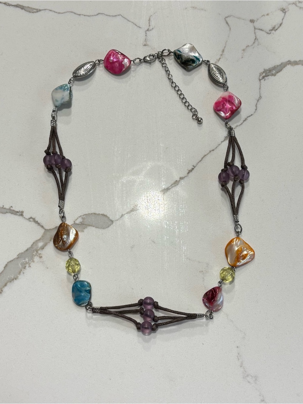 Silver Tone Beaded Women’s Necklace Pink Blue Orange Purple Accents Leather